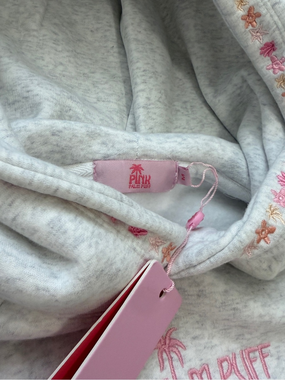 Pink Palm Puff Light Gray Embroidered Hoodie - Picture 4 of 5